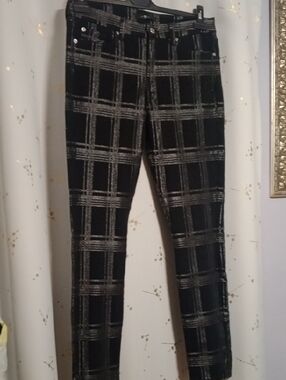 7 For All Mankind Black Skinny Jeans with Metallic Silver Windowpane